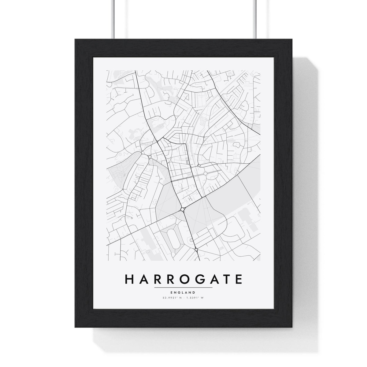 Harrogate street map poster in white, minimal city map print framed in a black frame