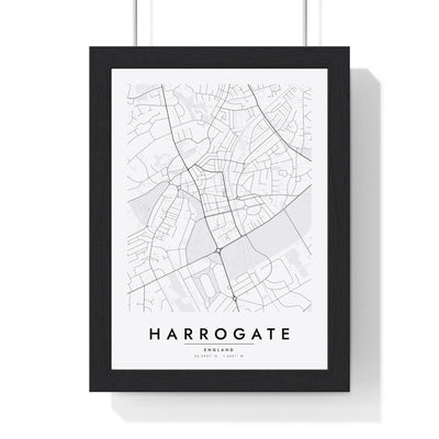 Harrogate street map poster in white, minimal city map print framed in a black frame