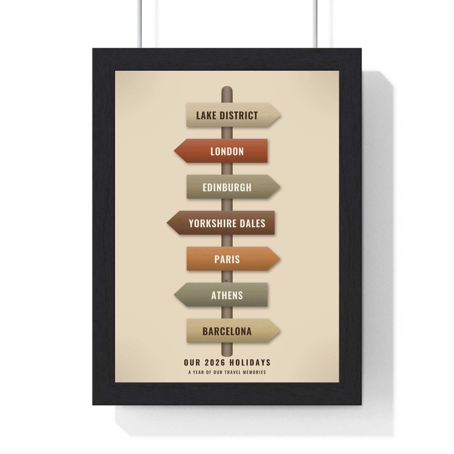 Personalised travel signpost print, framed