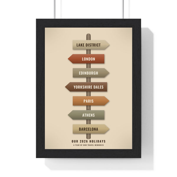 Personalised travel signpost print, framed