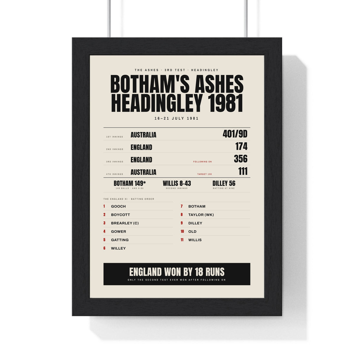Botham's Ashes Headingley 1981 print framed in a black frame, ready to hang