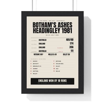 Botham's Ashes Headingley 1981 print framed in a black frame, ready to hang