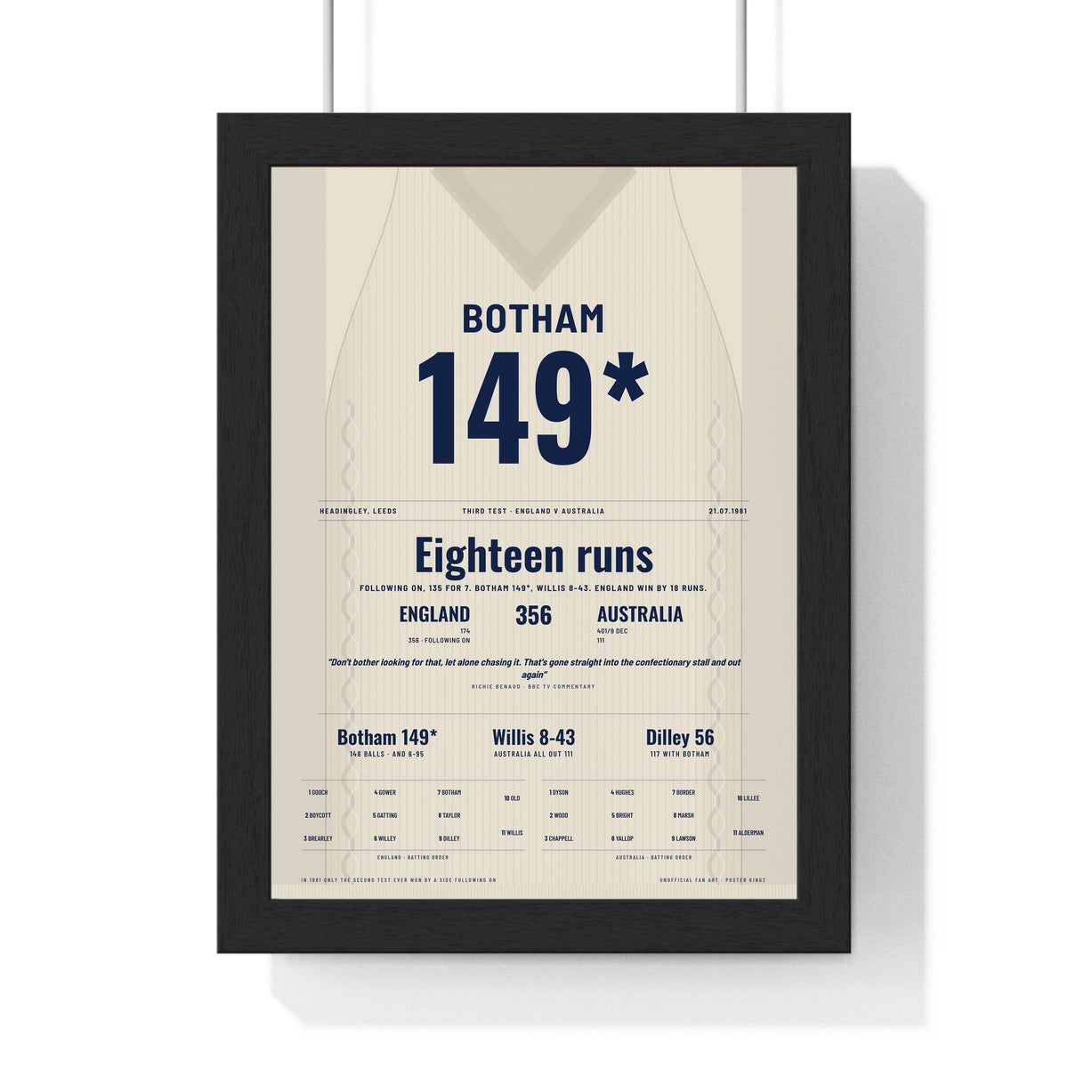 Ian Botham Headingley 1981 Cricket Poster - 149 Not Out Jumper Print framed in a black frame, ready to hang