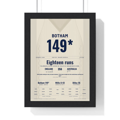 Ian Botham Headingley 1981 Cricket Poster - 149 Not Out Jumper Print framed in a black frame, ready to hang