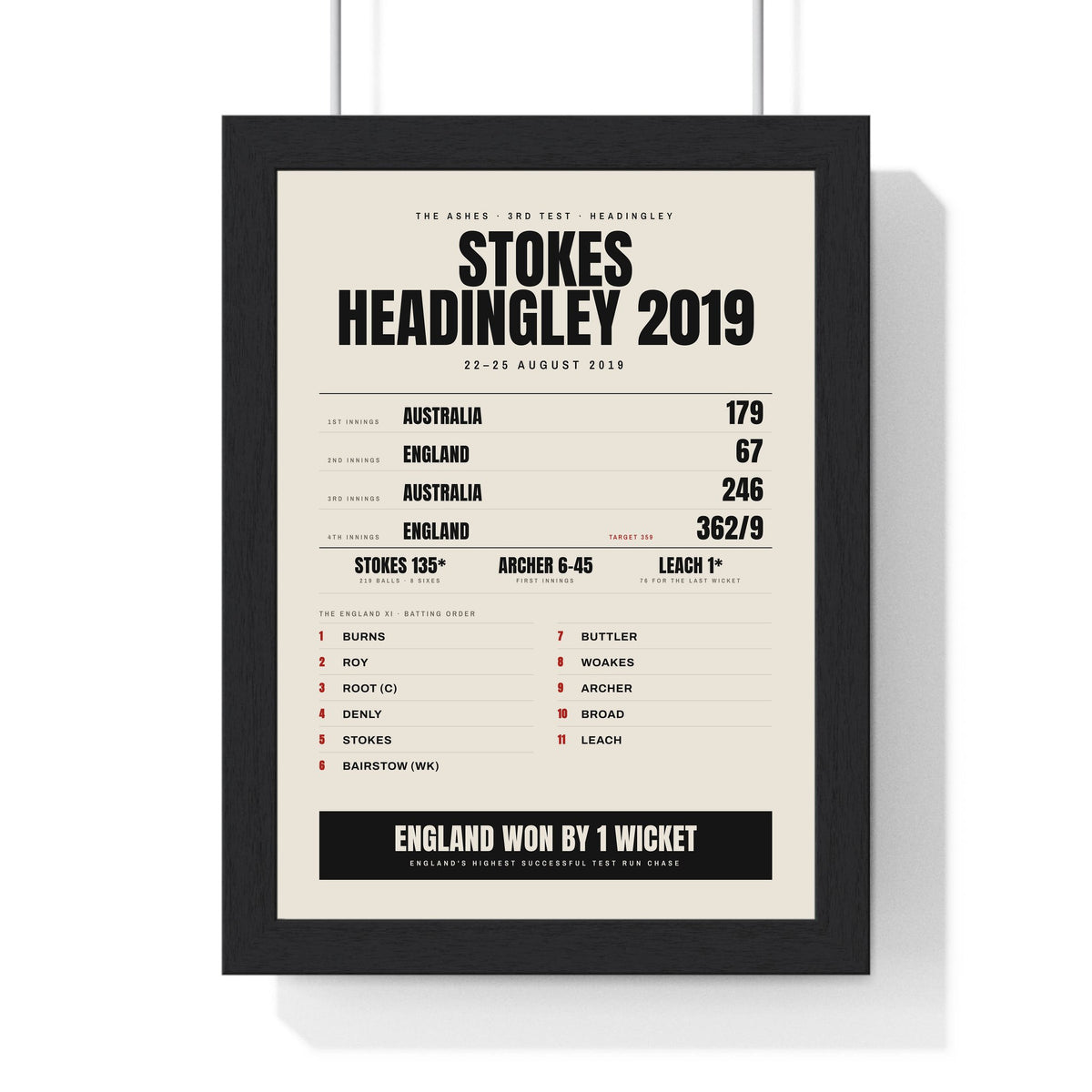 Headingley 2019 Stokes Ashes print framed in a black frame, ready to hang