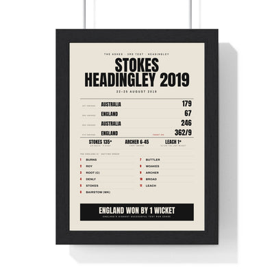 Headingley 2019 Stokes Ashes print framed in a black frame, ready to hang