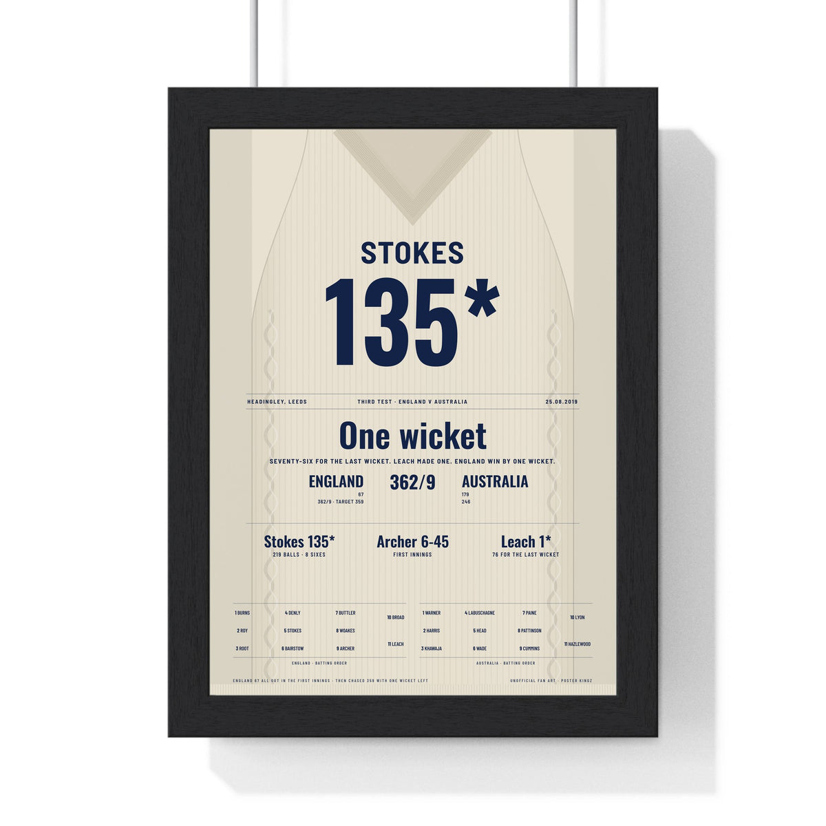Ben Stokes Headingley 2019 Cricket Poster - 135 Not Out Jumper Print framed in a black frame, ready to hang