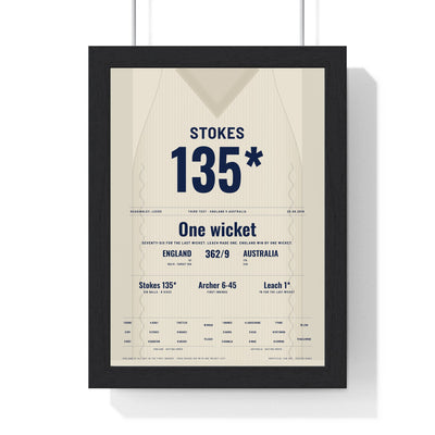 Ben Stokes Headingley 2019 Cricket Poster - 135 Not Out Jumper Print framed in a black frame, ready to hang