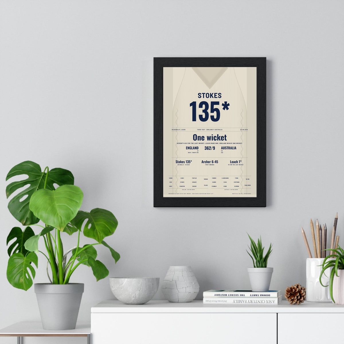 Ben Stokes Headingley 2019 Cricket Poster - 135 Not Out Jumper Print framed on a living room wall