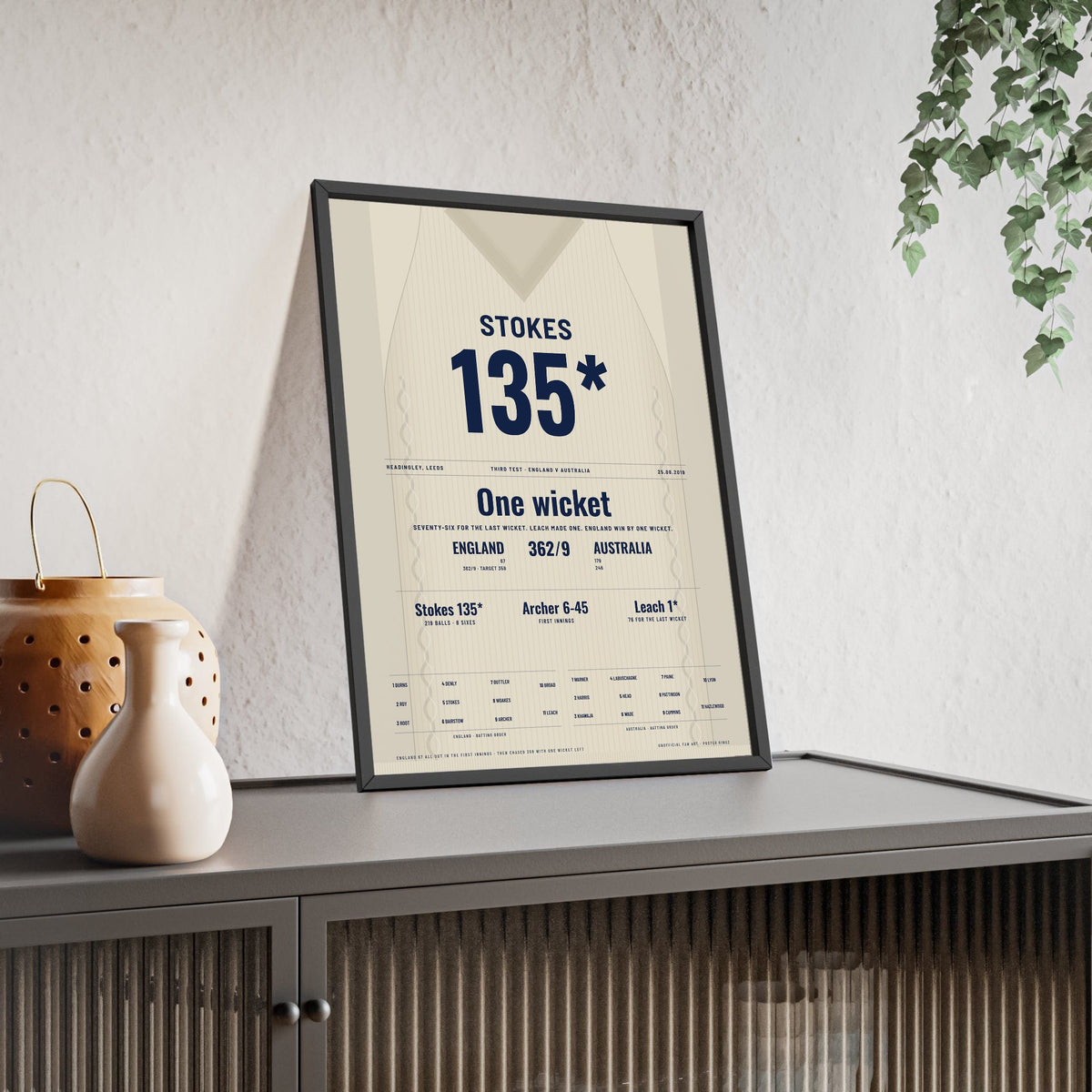 Ben Stokes Headingley 2019 Cricket Poster - 135 Not Out Jumper Print framed and leaning on a sideboard