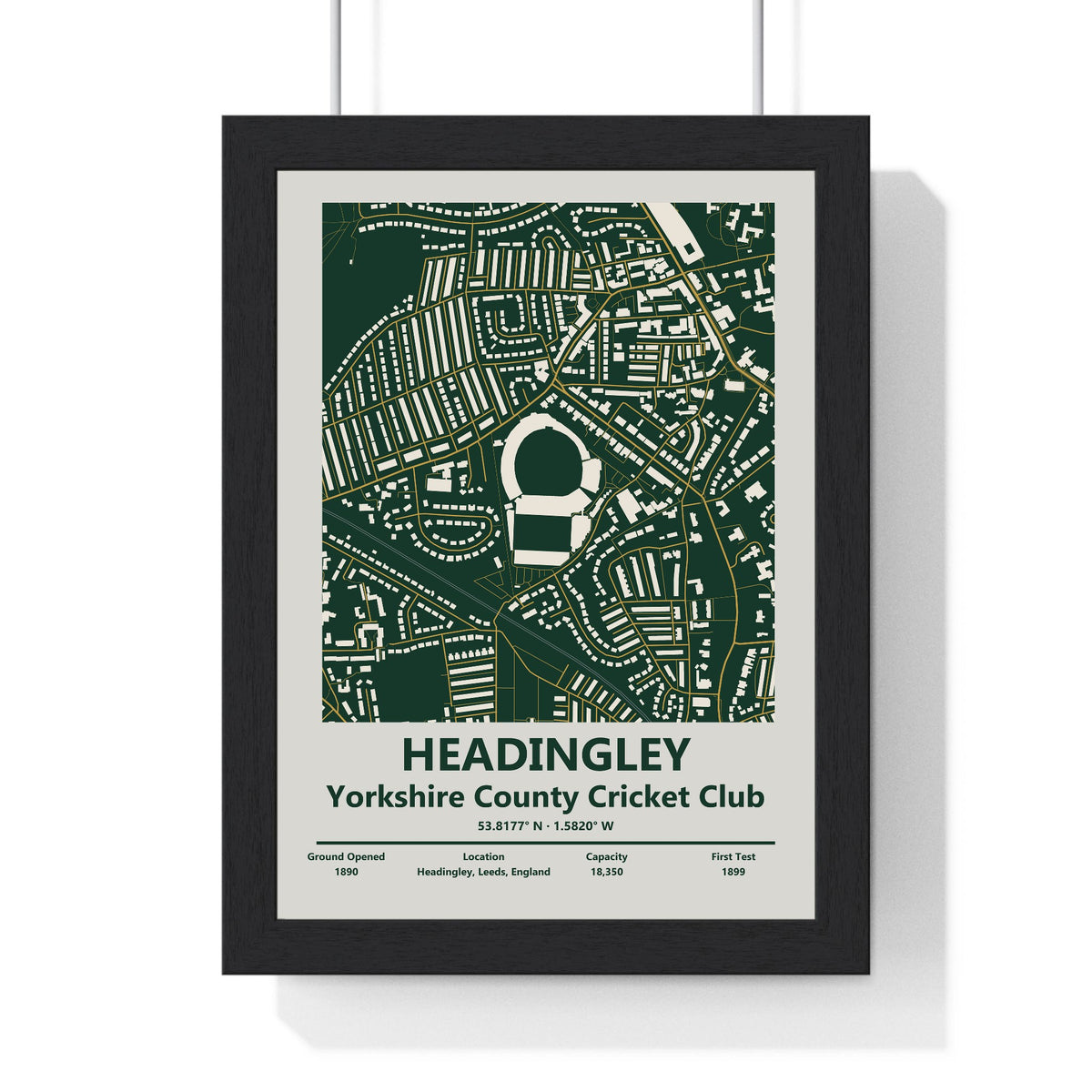 Headingley map print framed in a black frame, ready to hang