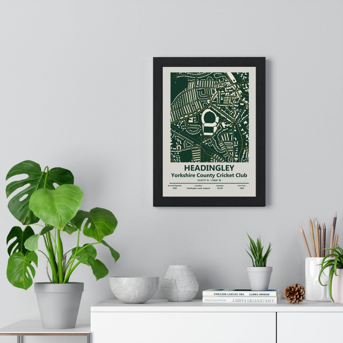 Headingley map print framed on a living room wall