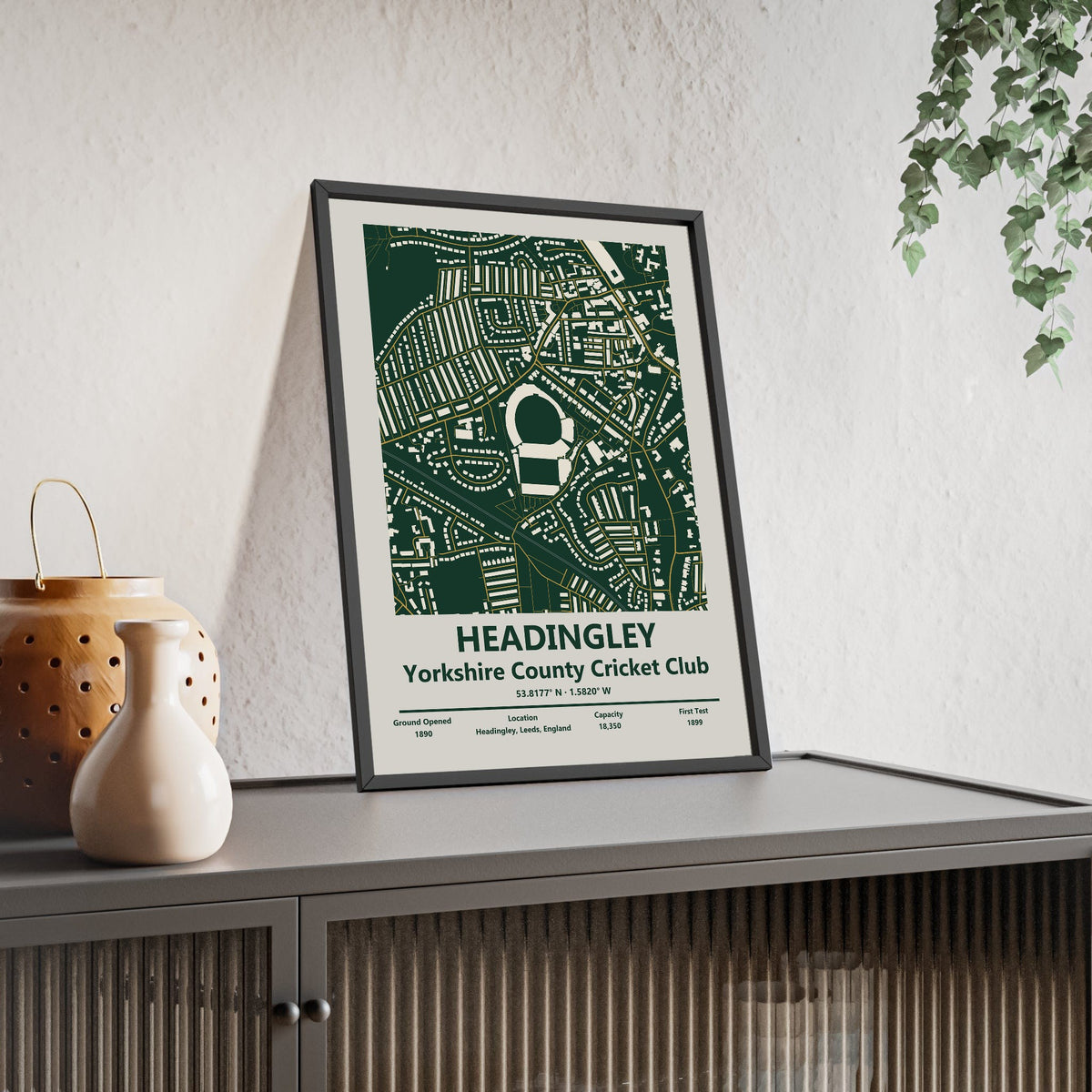 Headingley map print framed and leaning on a sideboard