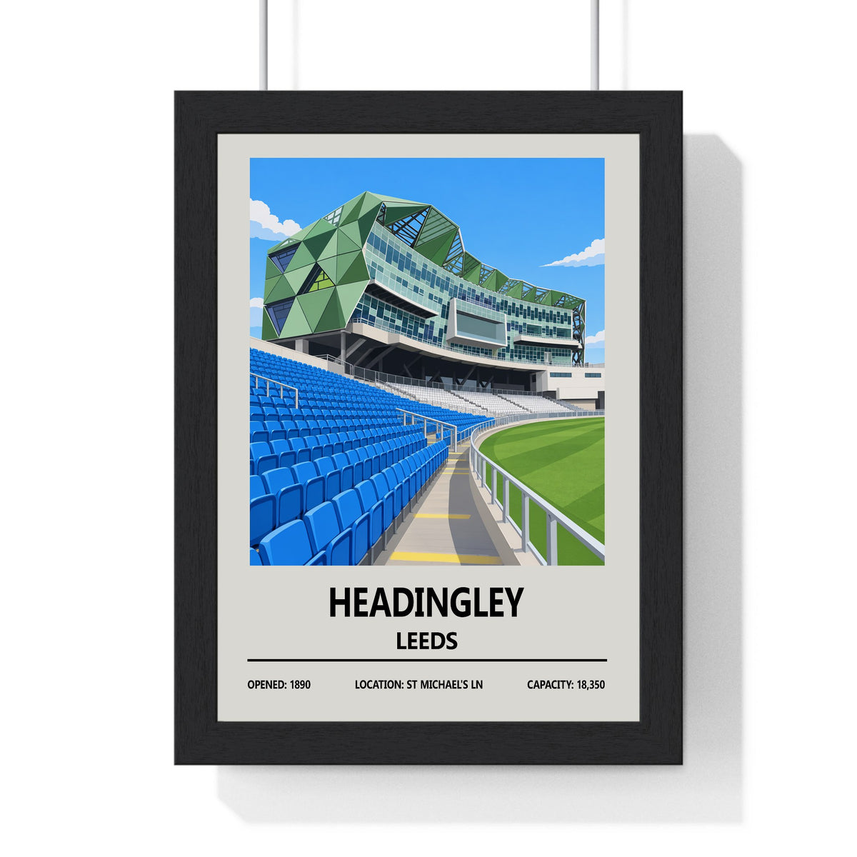 Headingley cricket ground print framed in a black frame, ready to hang