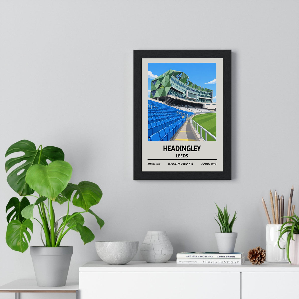 Headingley cricket ground print framed on a living room wall