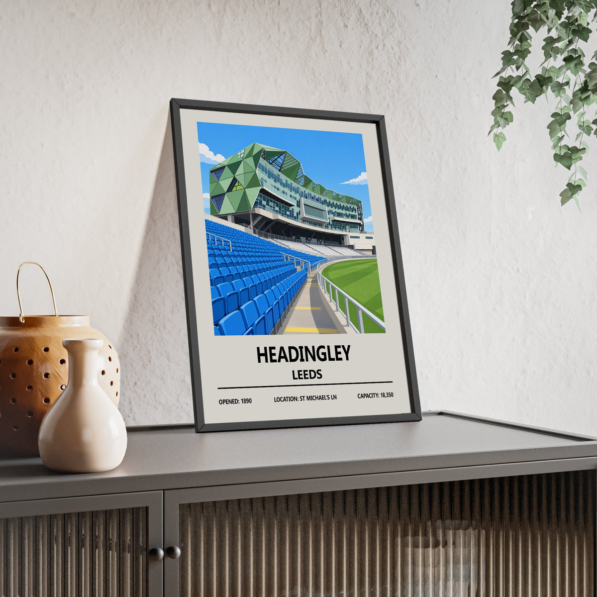 Headingley cricket ground print framed and leaning on a sideboard