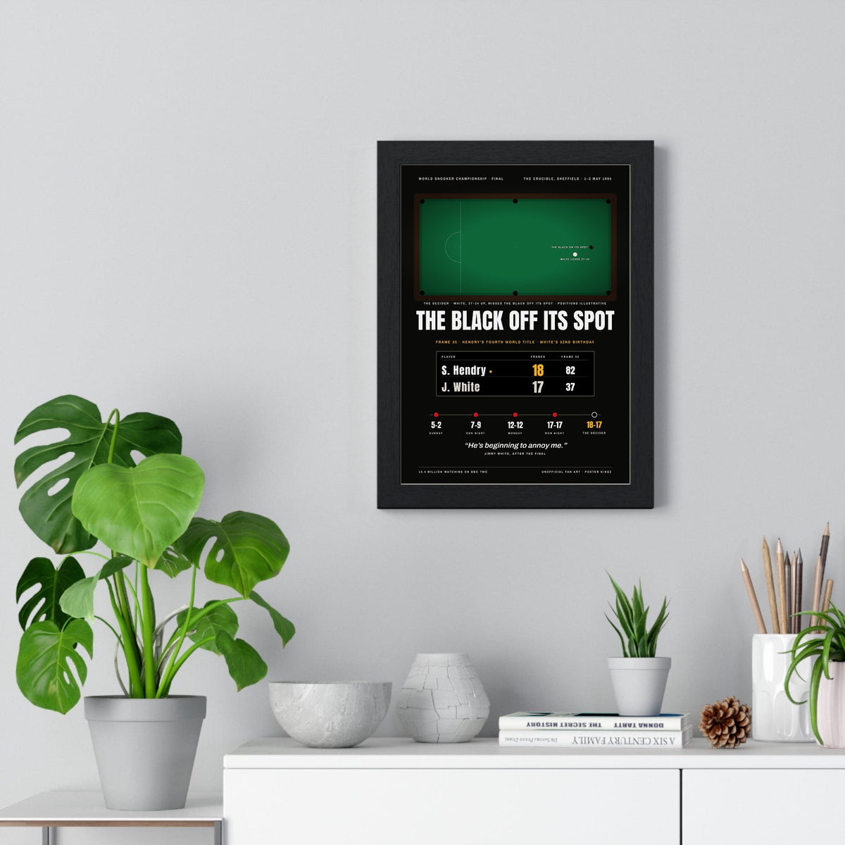 The Black Off Its Spot 1994 Snooker print framed on a living room wall