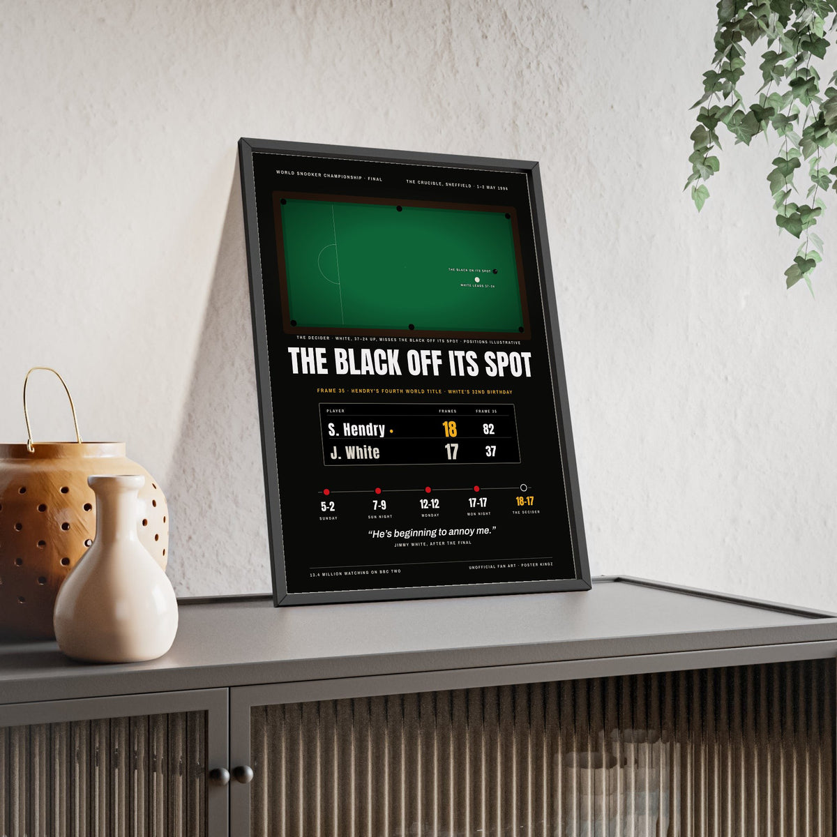 The Black Off Its Spot 1994 Snooker print framed and leaning on a sideboard