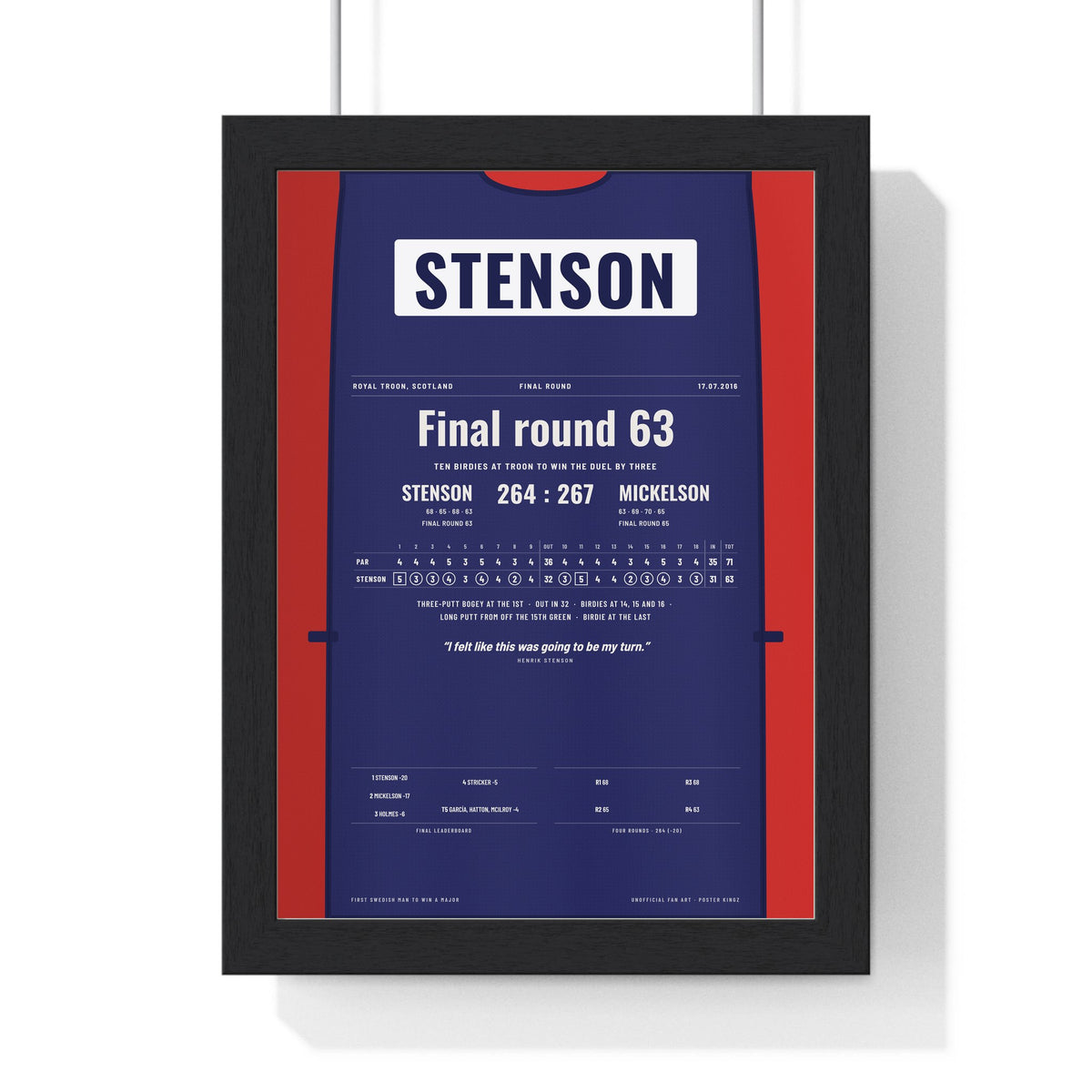 Henrik Stenson Royal Troon 2016 Golf Poster - Caddie Bib Final Round 63 Print framed in a black frame, ready to hang