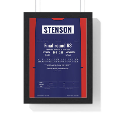 Henrik Stenson Royal Troon 2016 Golf Poster - Caddie Bib Final Round 63 Print framed in a black frame, ready to hang