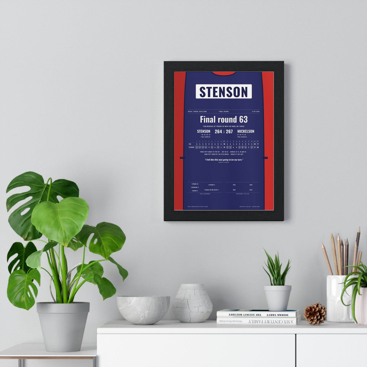 Henrik Stenson Royal Troon 2016 Golf Poster - Caddie Bib Final Round 63 Print framed on a living room wall