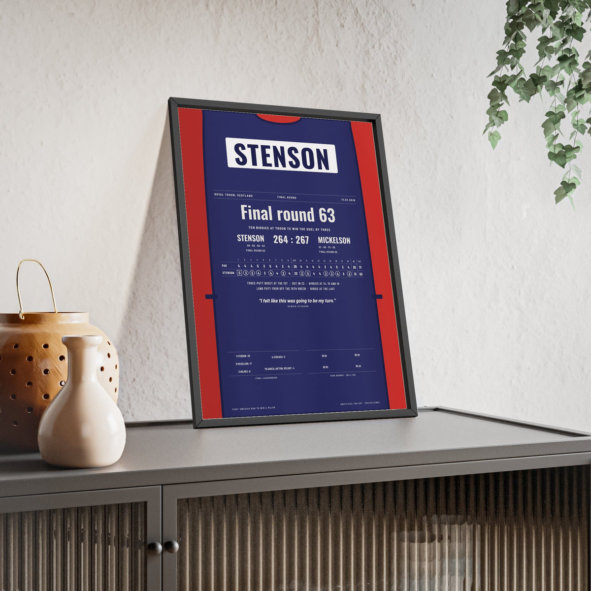 Henrik Stenson Royal Troon 2016 Golf Poster - Caddie Bib Final Round 63 Print framed and leaning on a sideboard