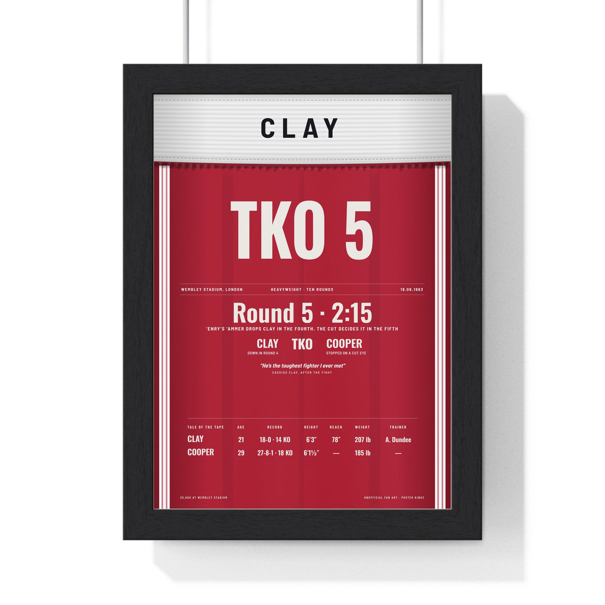 Clay v Cooper 1963 Boxing Poster framed in a black frame, ready to hang