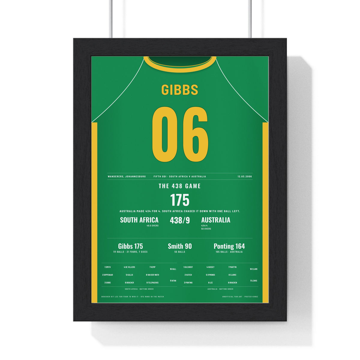 Herschelle Gibbs Johannesburg 2006 Cricket Poster - 438 Game Shirt Print framed in a black frame, ready to hang