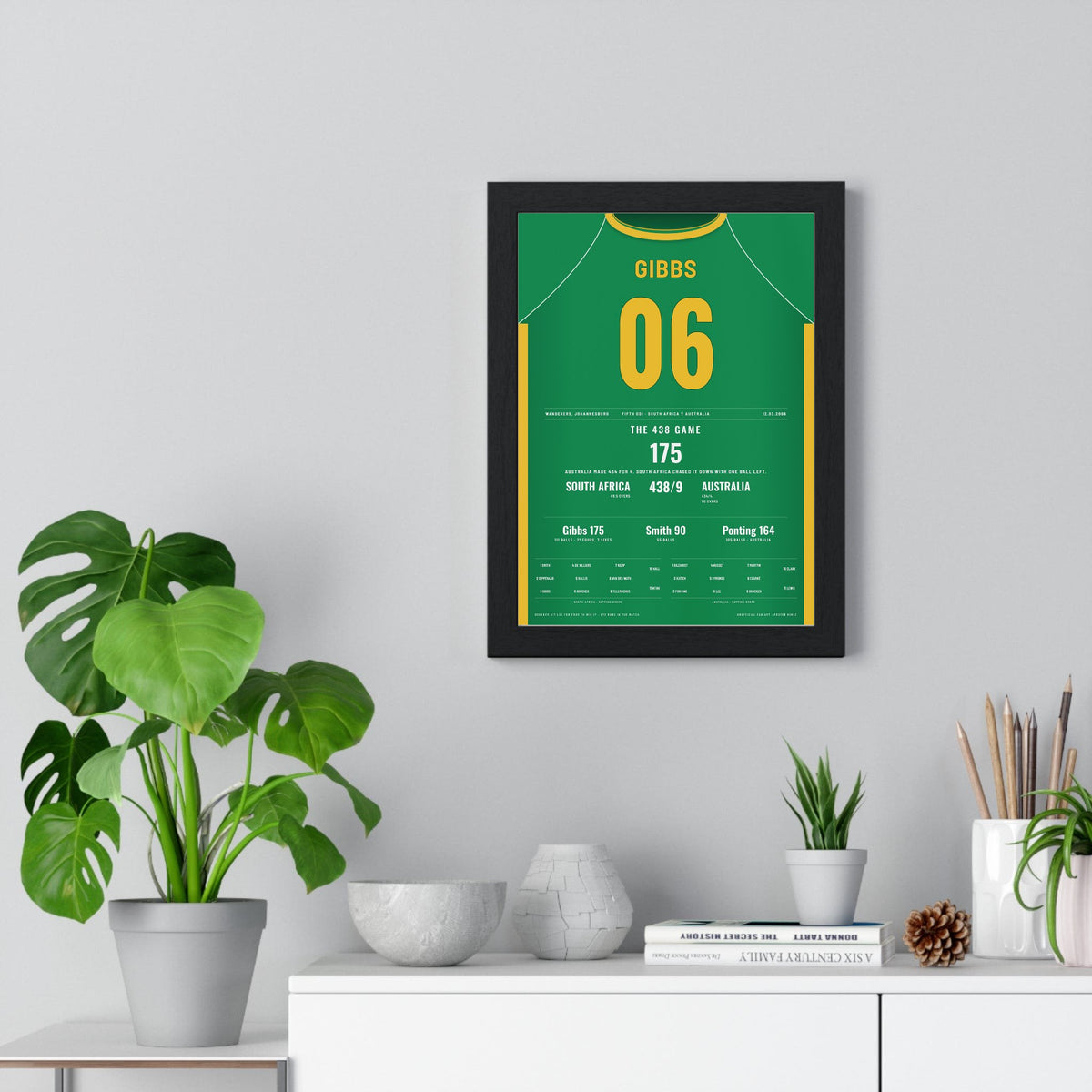 Herschelle Gibbs Johannesburg 2006 Cricket Poster - 438 Game Shirt Print framed on a living room wall