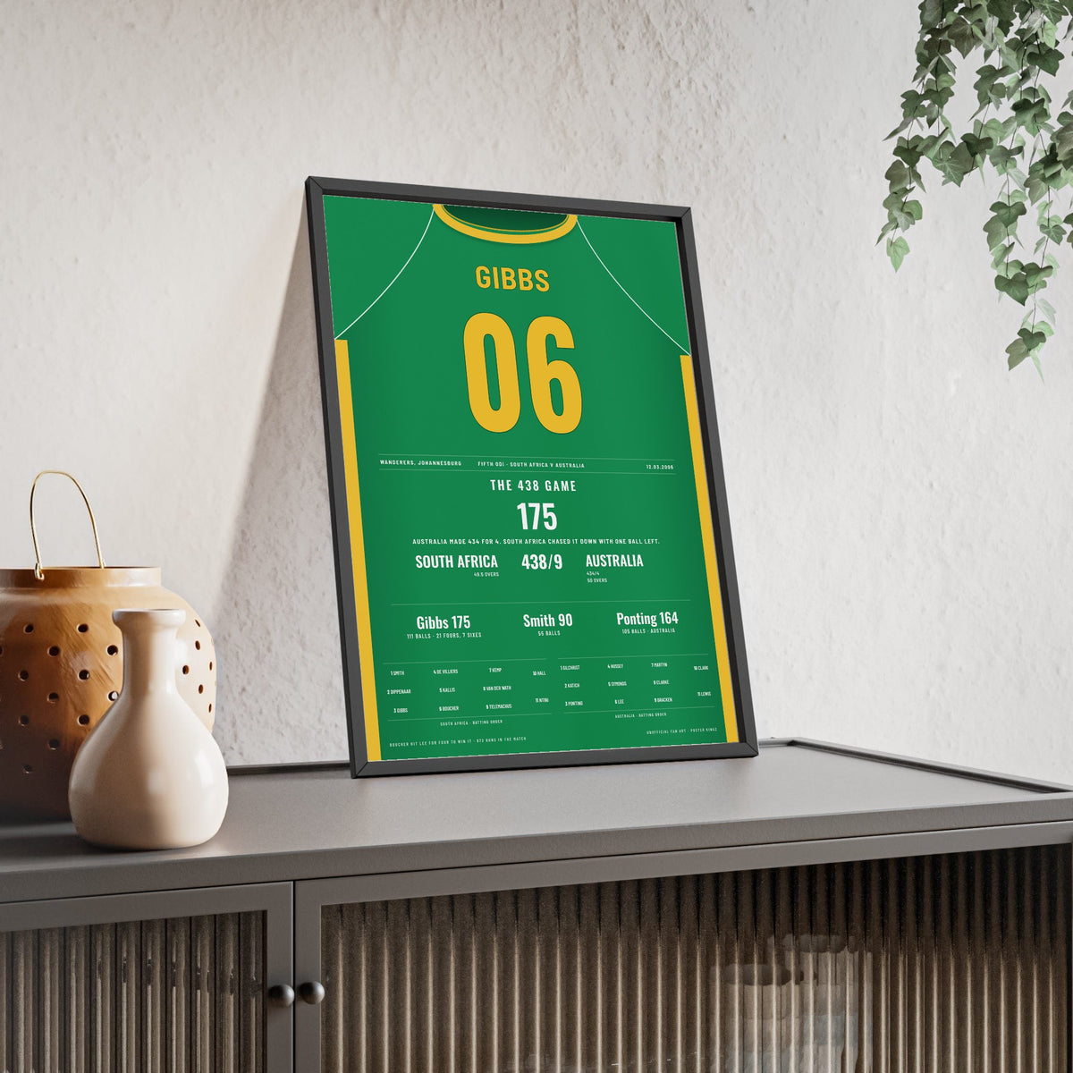Herschelle Gibbs Johannesburg 2006 Cricket Poster - 438 Game Shirt Print framed and leaning on a sideboard