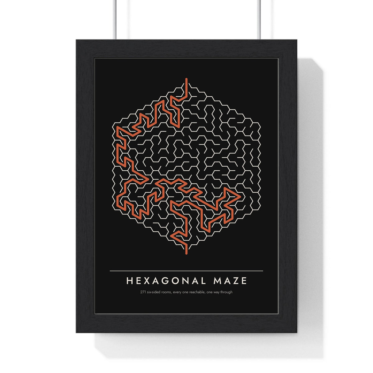 Hexagonal Maze print framed in a black frame, ready to hang