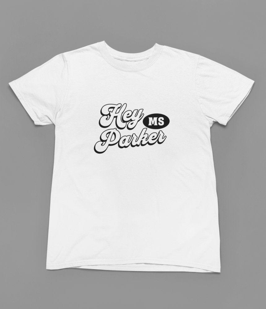 Black t-shirt with Hey Mrs Parker Quote Friday Movie /Sweatshirt close-up