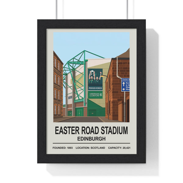 Hibernian Easter Road stadium print in black MDF frame with white mount on living room wall