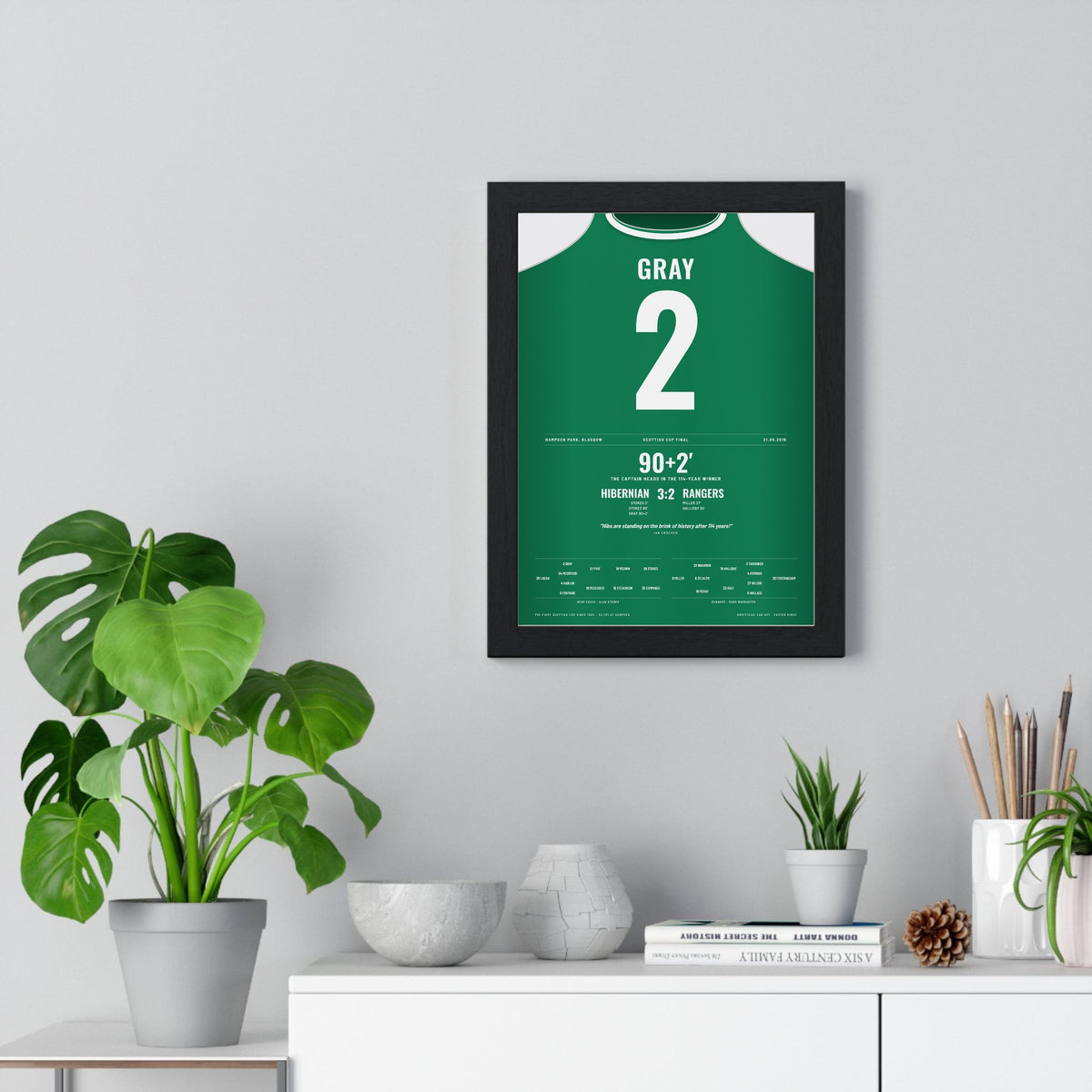 Hibernian Scottish Cup Final 2016 Poster - David Gray 2 Hampden Shirt Print framed on a living room wall