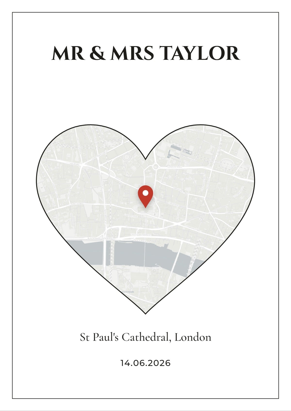 Personalised Wedding Venue Heart Map Print - design detail