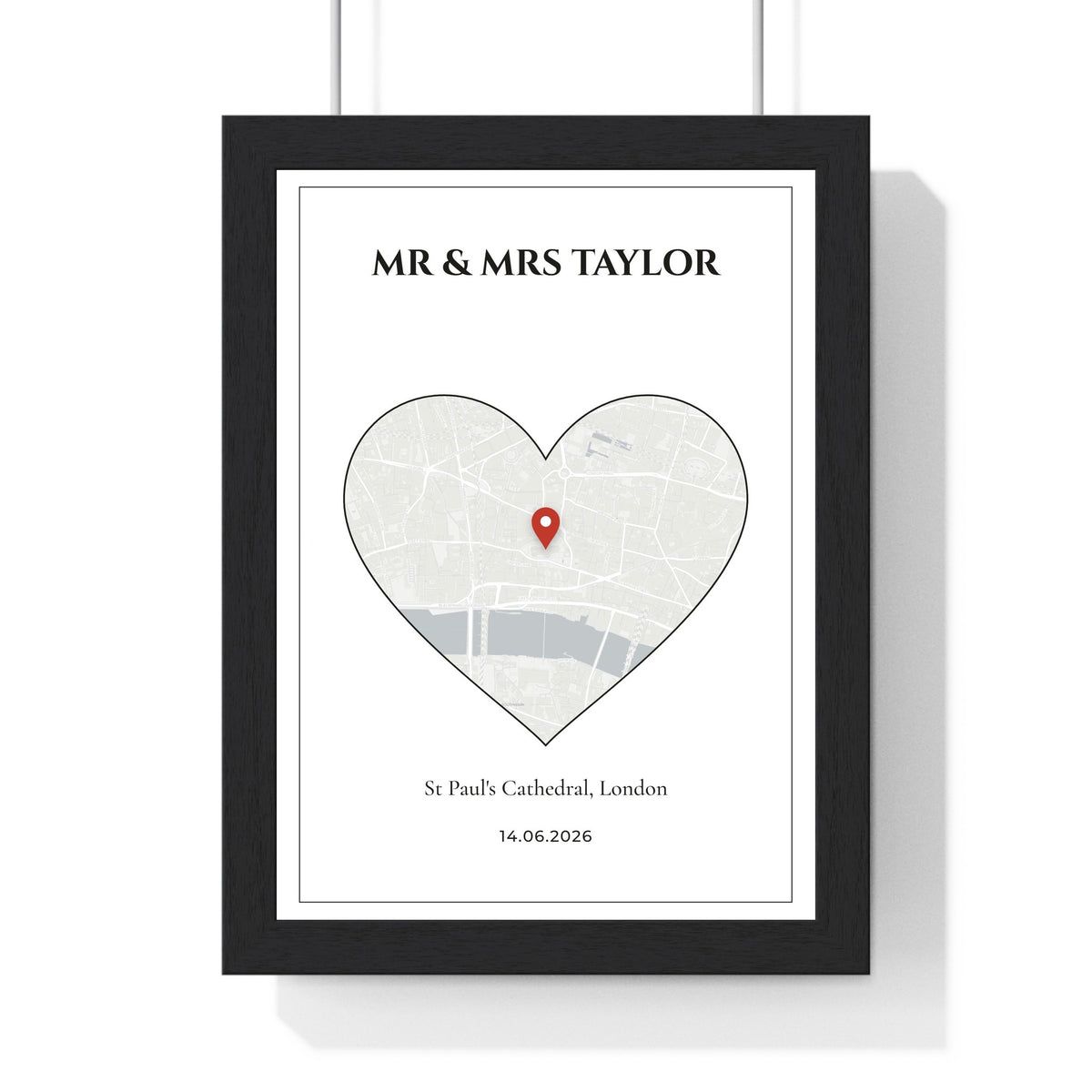 Personalised Wedding Venue Heart Map Print - framed print