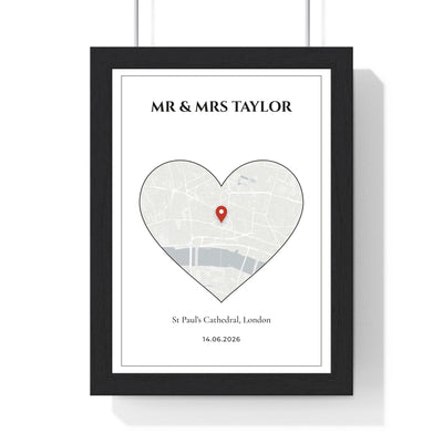 Personalised Wedding Venue Heart Map Print - framed print