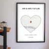 Personalised Wedding Venue Heart Map Print - Lifestyle - hanging on a living room wall