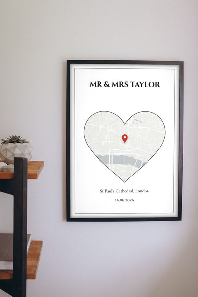 Personalised Wedding Venue Heart Map Print - Lifestyle - hanging on a living room wall