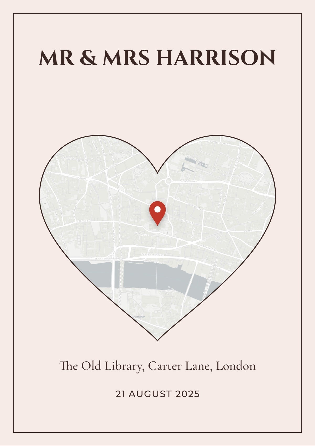 Personalised Wedding Venue Heart Map Print - blush design