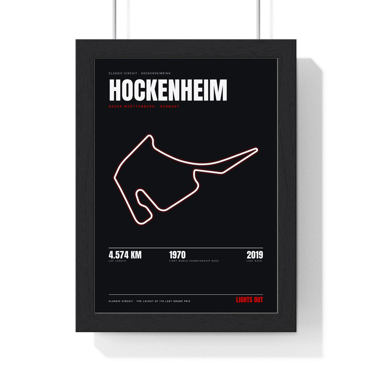 Hockenheim Circuit print framed in a black frame, ready to hang