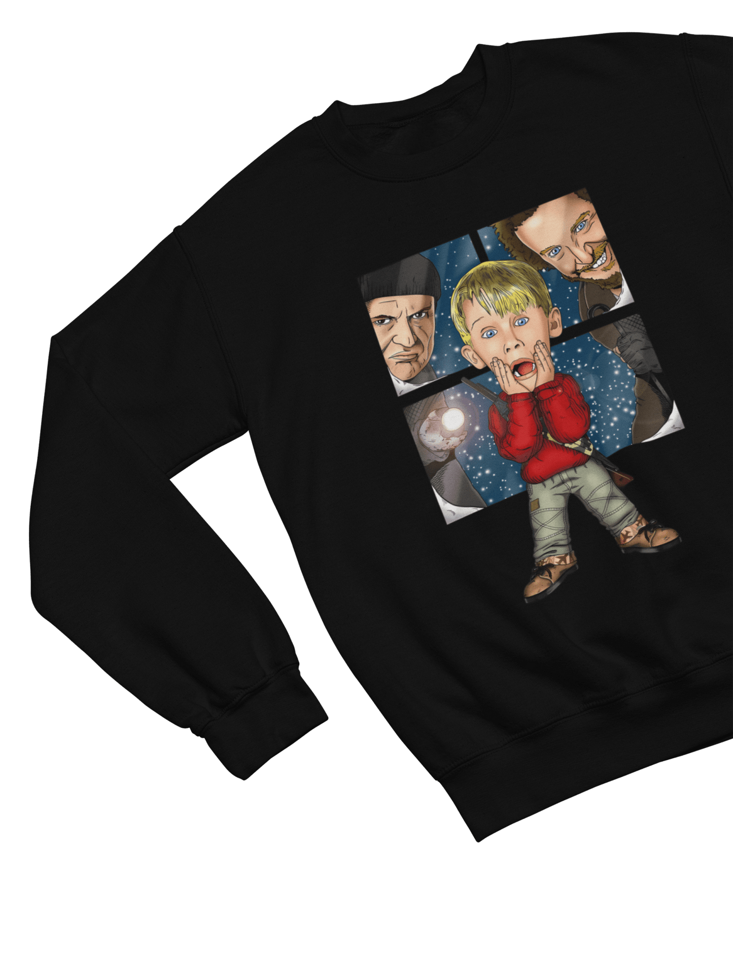 Green t-shirt with Home Alone Christmas Jumper & - Kevin McCallister Parody close-up
