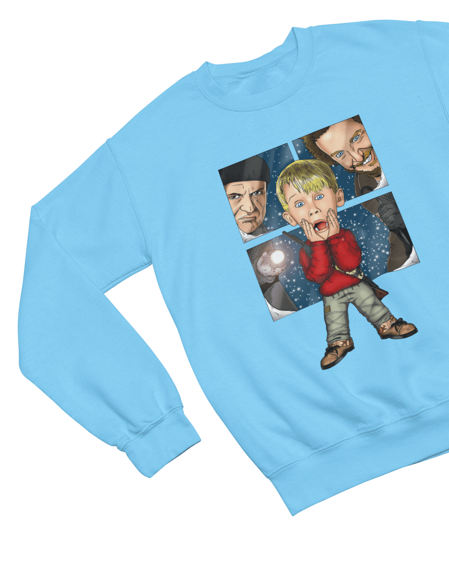 Beige t-shirt with Home Alone Christmas Jumper & - Kevin McCallister Parody close-up