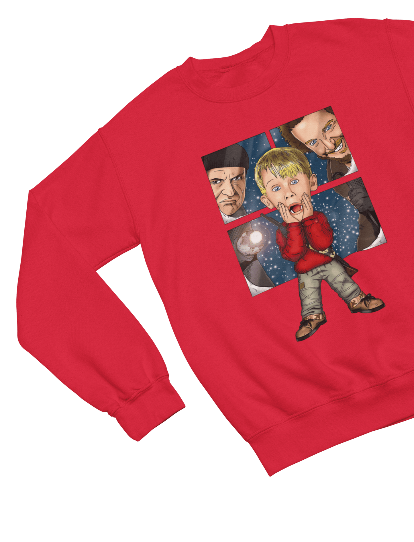 Blue t-shirt with Home Alone Christmas Jumper & - Kevin McCallister Parody wall display