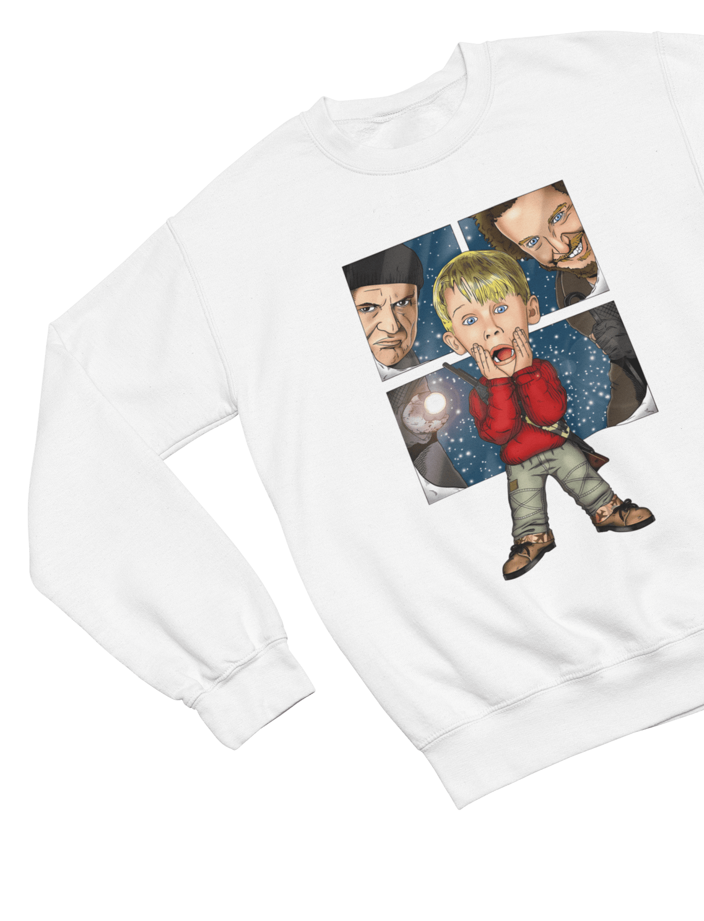 Red t-shirt with Home Alone Christmas Jumper & - Kevin McCallister Parody front view