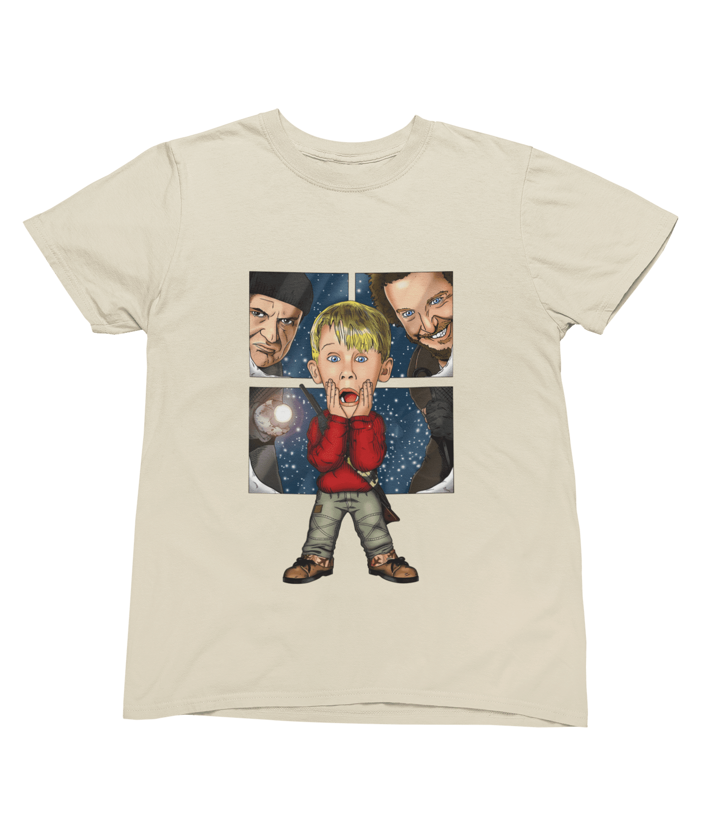 Black t-shirt with Home Alone Christmas Jumper & - Kevin McCallister Parody close-up