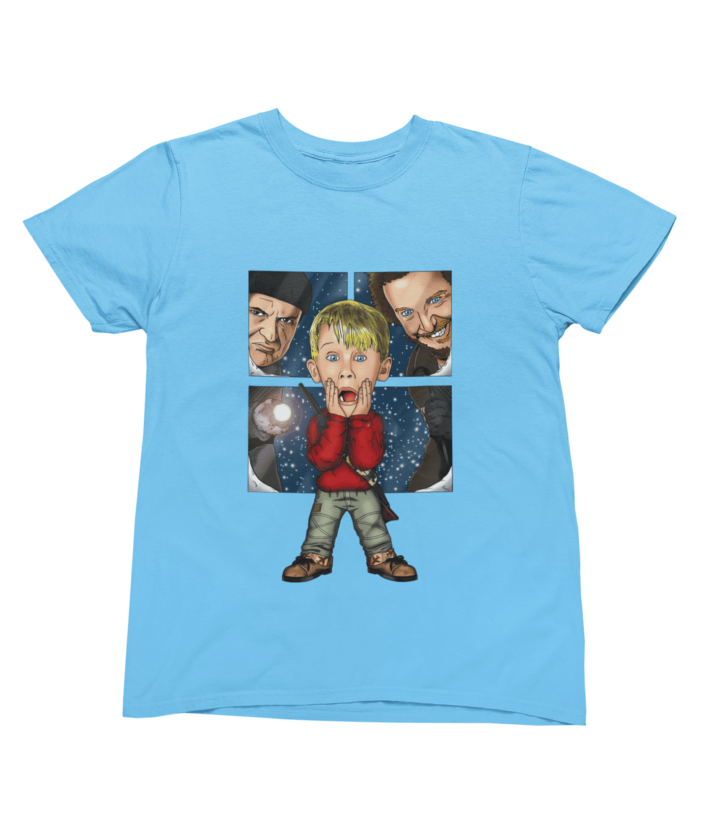 Beige t-shirt with Home Alone Christmas Jumper & - Kevin McCallister Parody wall display