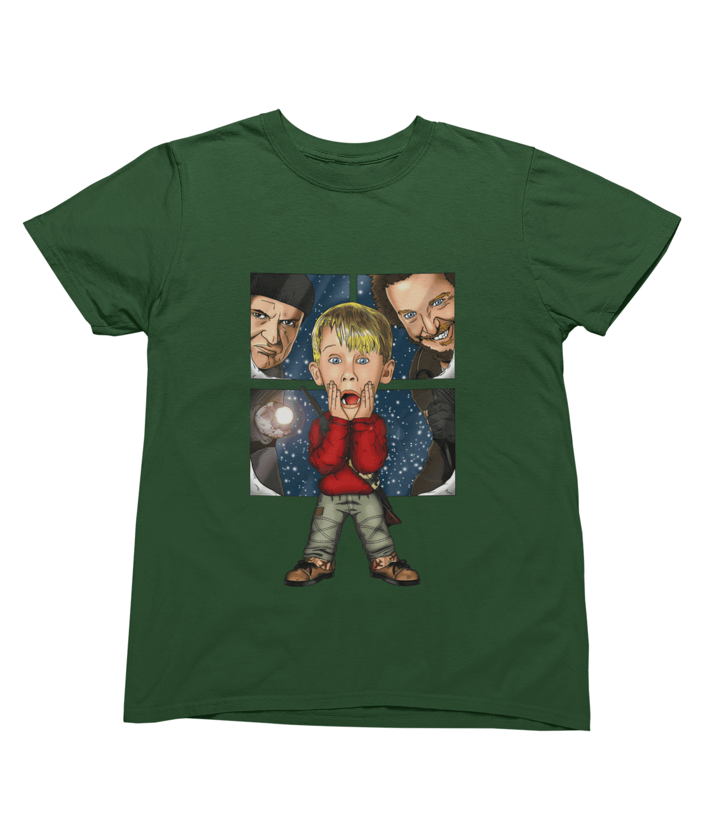 White t-shirt with Home Alone Christmas Jumper & - Kevin McCallister Parody wall display