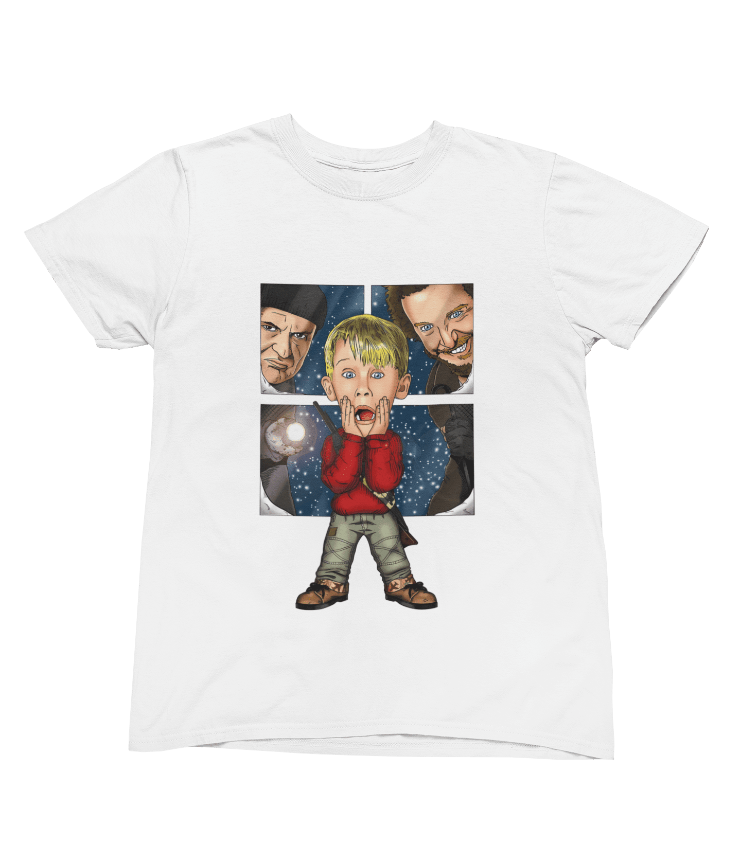 Red t-shirt with Home Alone Christmas Jumper & - Kevin McCallister Parody flat lay