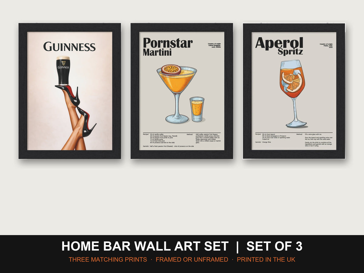 Home Bar Wall Art Set | Set of 3 Prints: Guinness, Pornstar Martini, Aperol Spritz - framed prints shown together as a set
